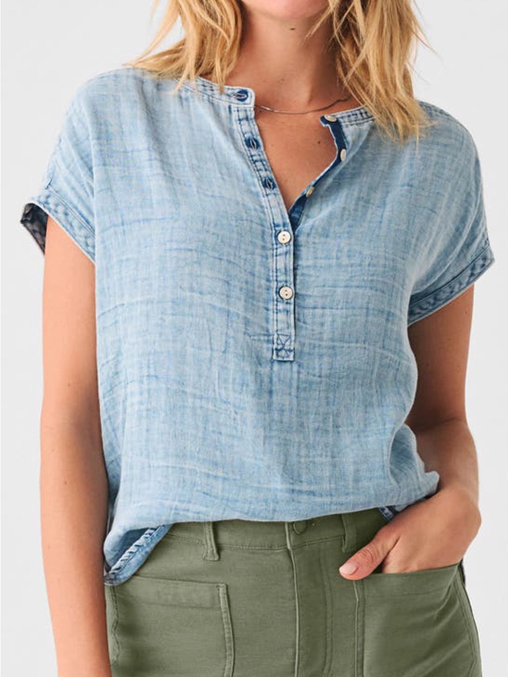 Faherty Dream Cotton Gauze Desmond Top Light Indigo Wash XXS